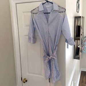 New York & Company Blue and White Striped Collared Shirt Dress with Lace…